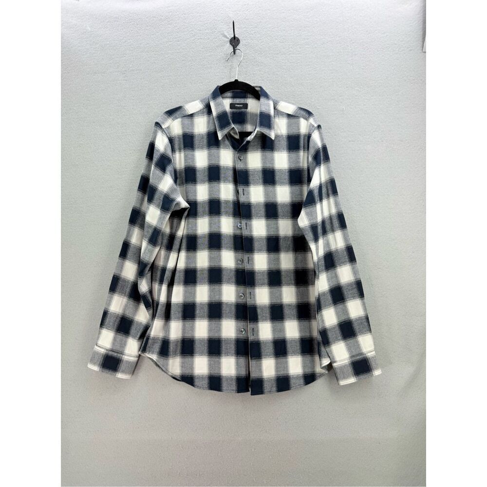Theory Mens Blue White Check Flannel Long Sleeve Button Up Shirt Size Large